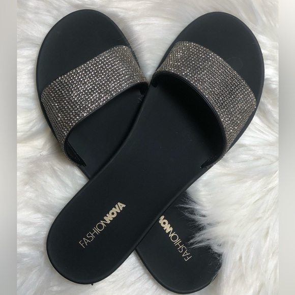 Fashion Nova Shoes - Fashion Nova Black Stone Slides.
